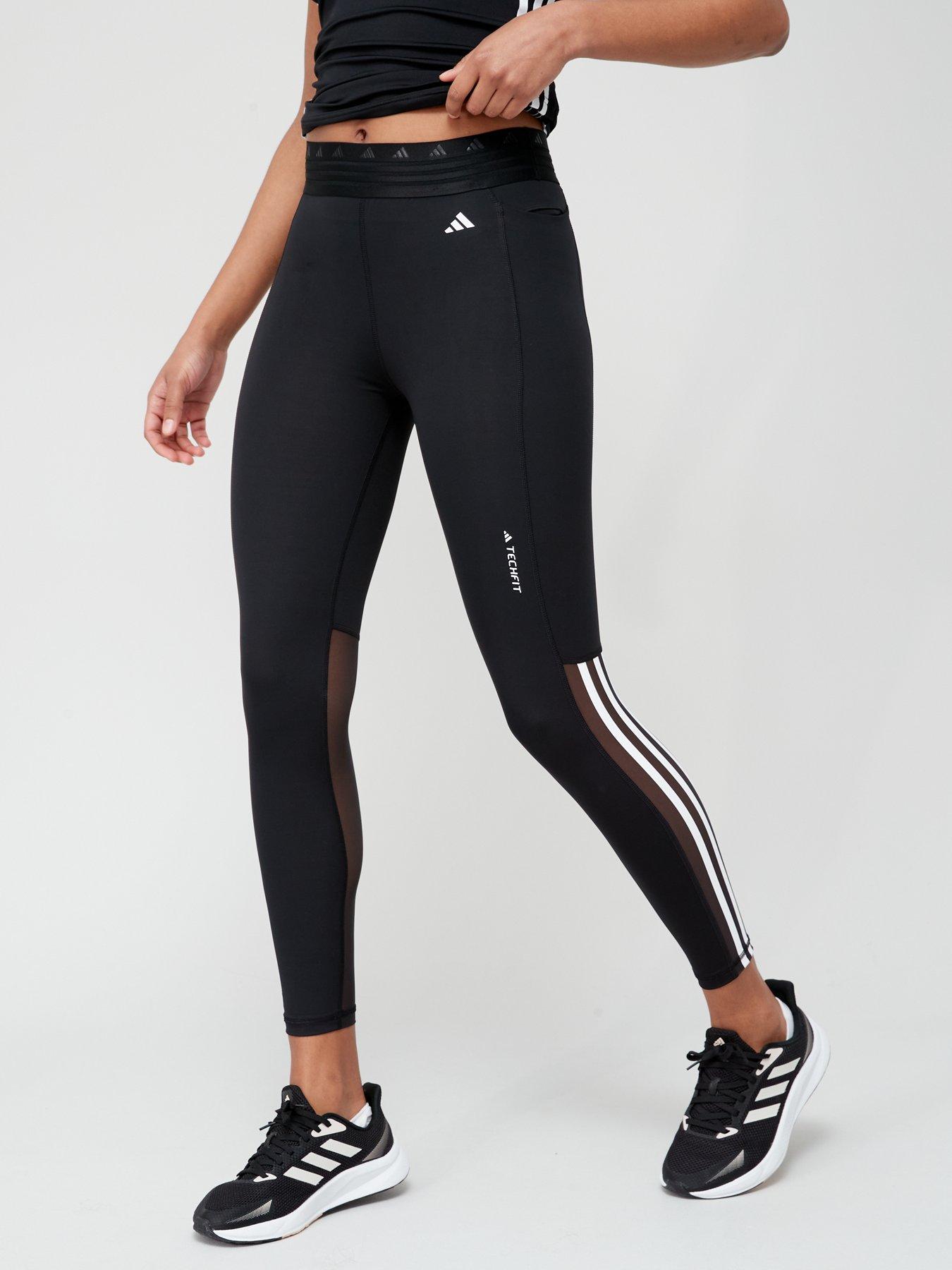 Adidas Womens Small Athletic Leggings Black White Leg Stripes Aeroready  Pocket