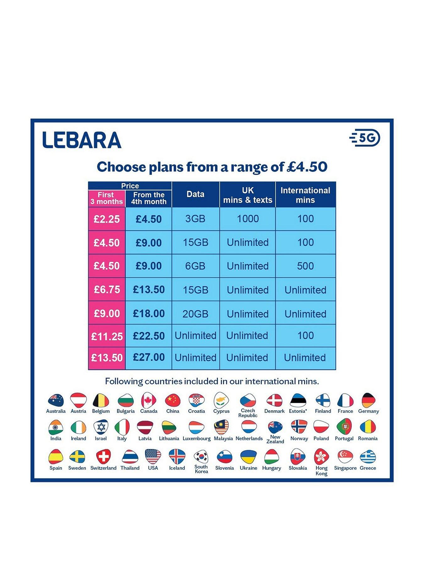 Lebara Unlimited Data, minutes, texts months Only international with 12 minutes 100 SIM