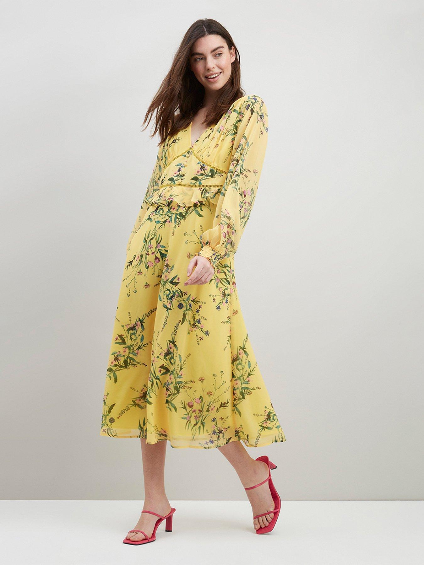 Wallis Floral Lace Insert Midi Dress - Yellow | very.co.uk