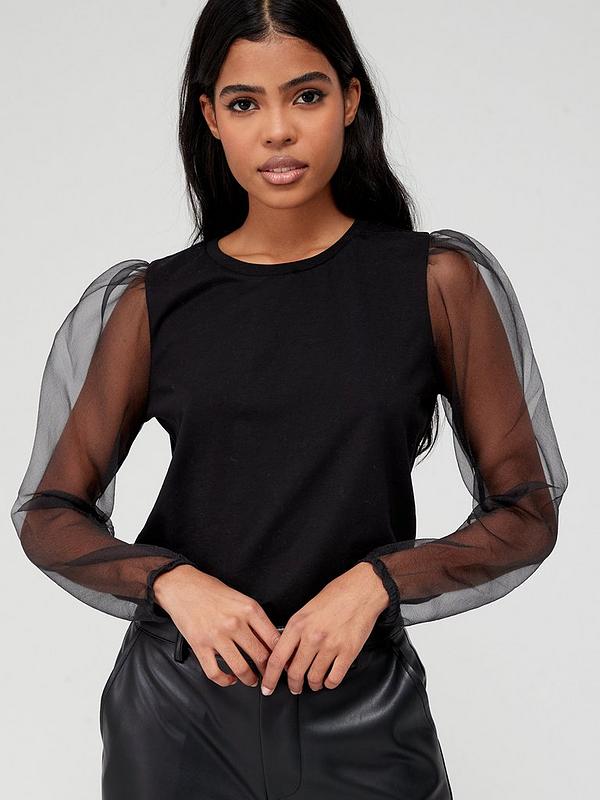 V by Very Woven Sheer Long Sleeve Top - Black | very.co.uk