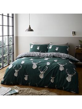 Product photograph of Catherine Lansfield Stag Check Duvet Cover Set In Green from very.co.uk
