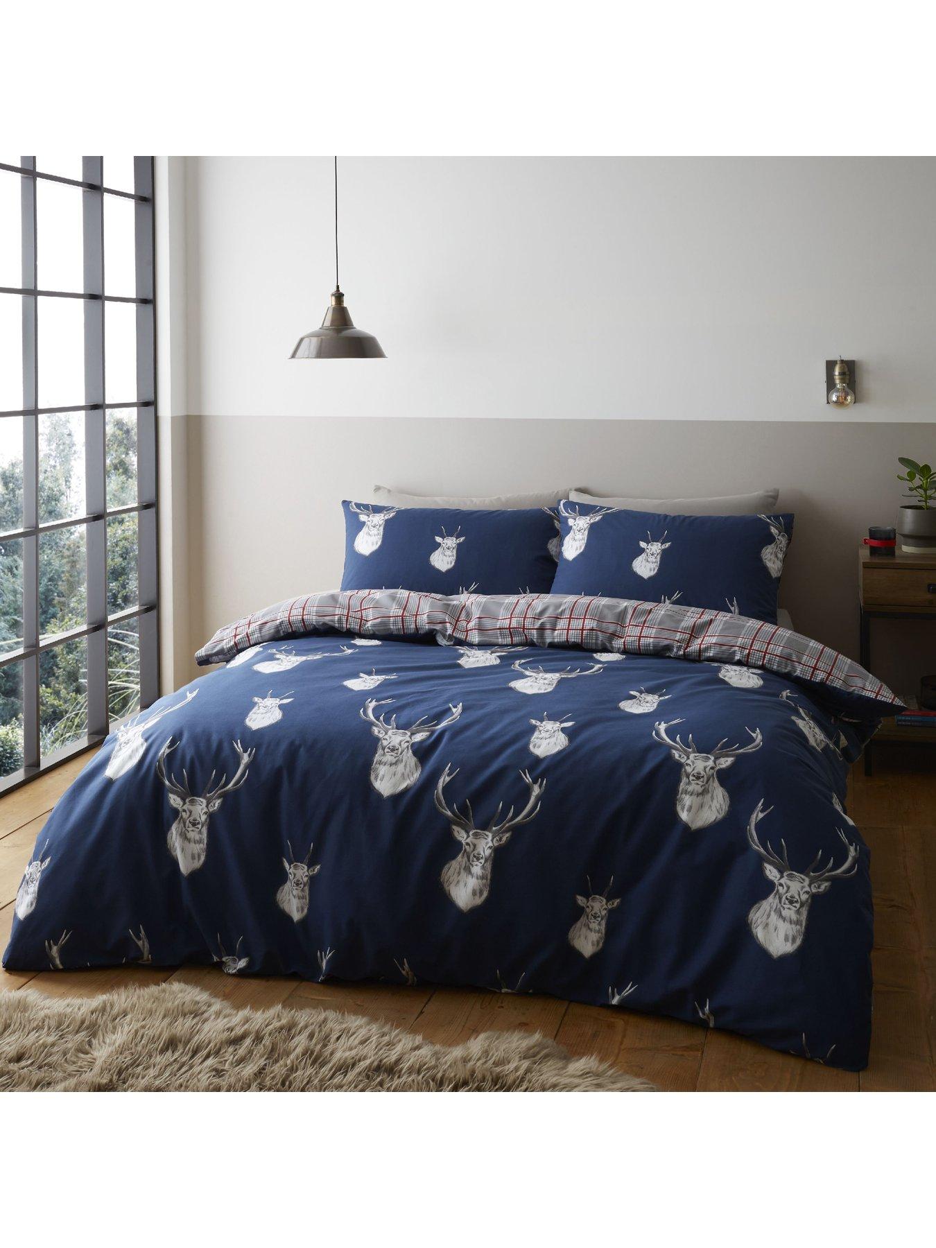Product photograph of Catherine Lansfield Stag Check Duvet Cover Set - Navy from very.co.uk