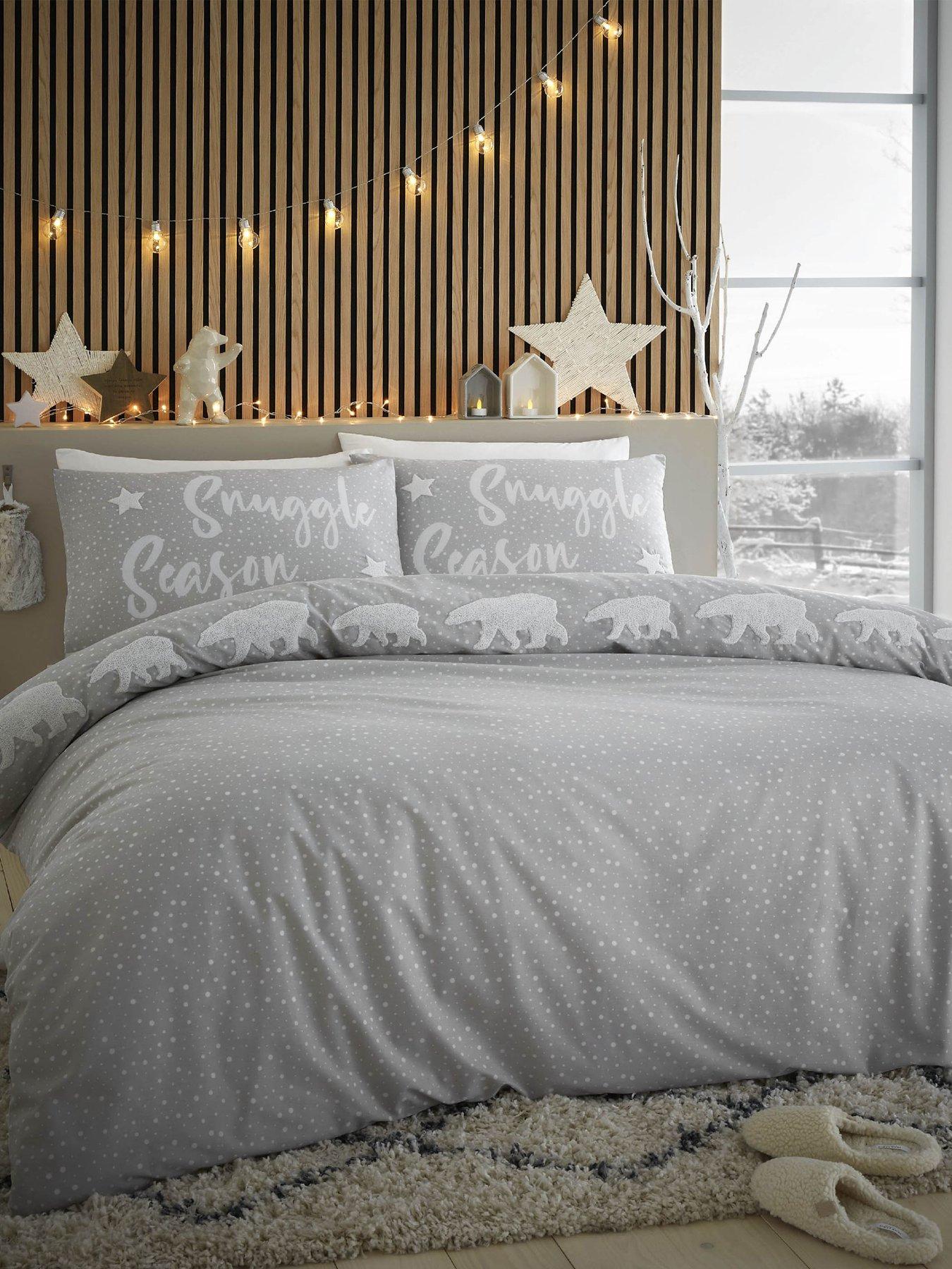 Product photograph of Catherine Lansfield Snuggle Polar Bears Reversible Duvet Cover Set Stone Grey - Ks from very.co.uk