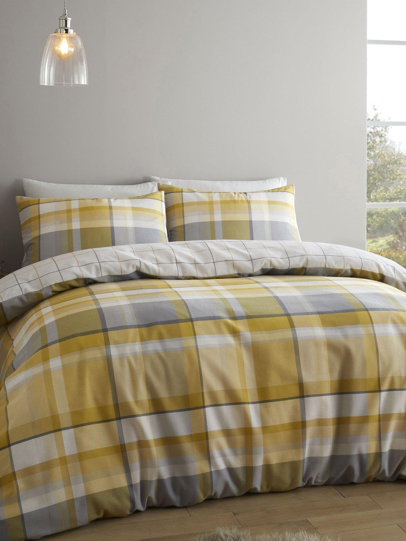 Product photograph of Catherine Lansfield Check Reversible Brushed Duvet Cover Set - Ochre from very.co.uk