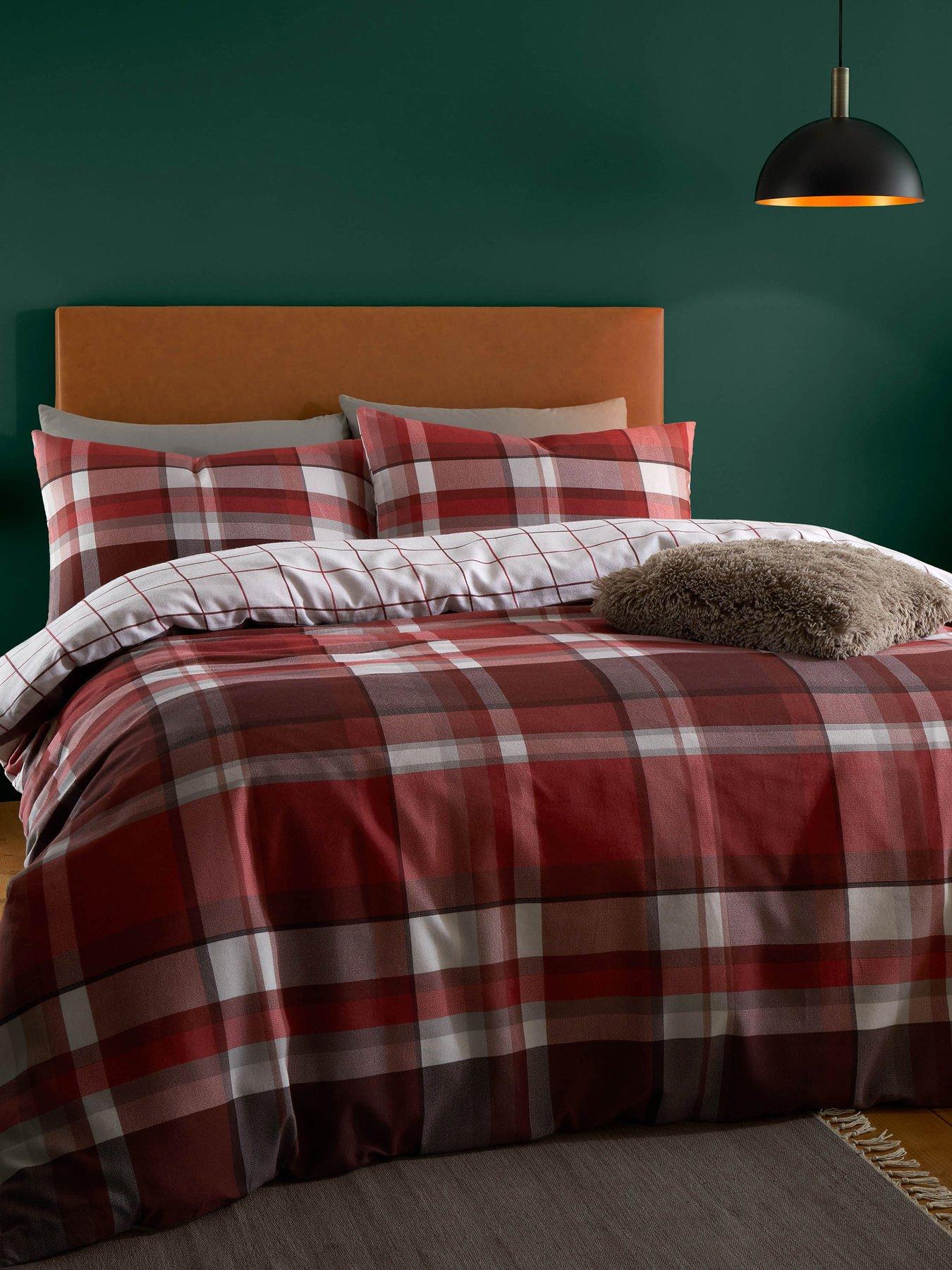 Product photograph of Catherine Lansfield Check Reversible Brushed Duvet Cover Set In Red from very.co.uk