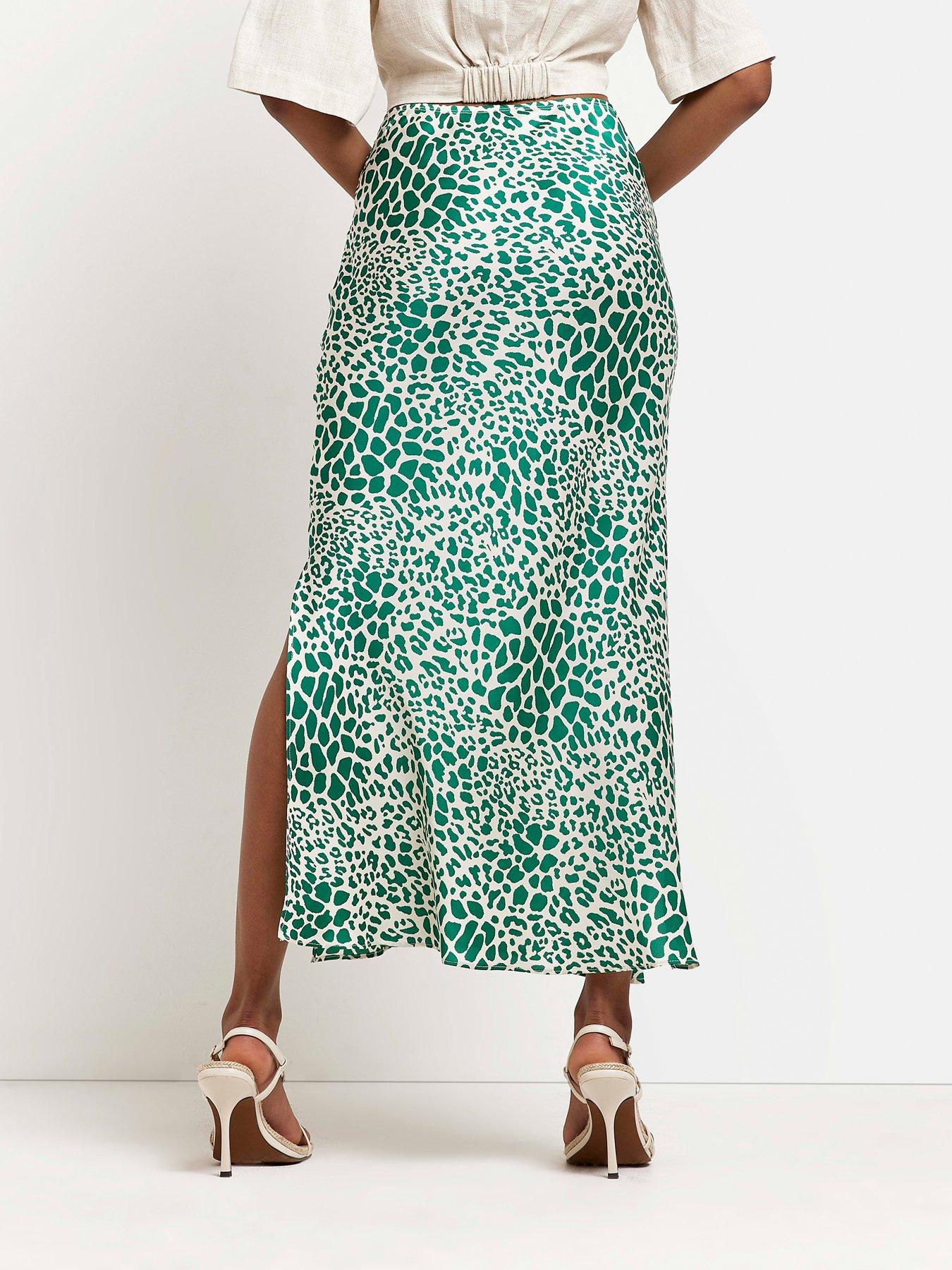 River Island Animal Print Bias Waist Midi Skirt-Green | very.co.uk