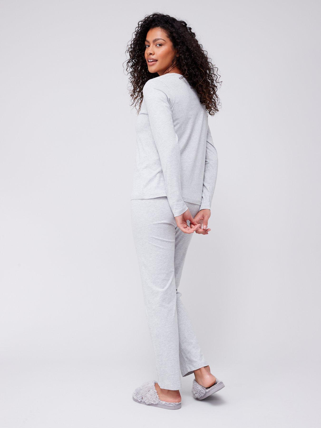 Everyday V-Neck Long Sleeve And Slim Leg Pyjama Set - Light Grey Marl | very.co.uk