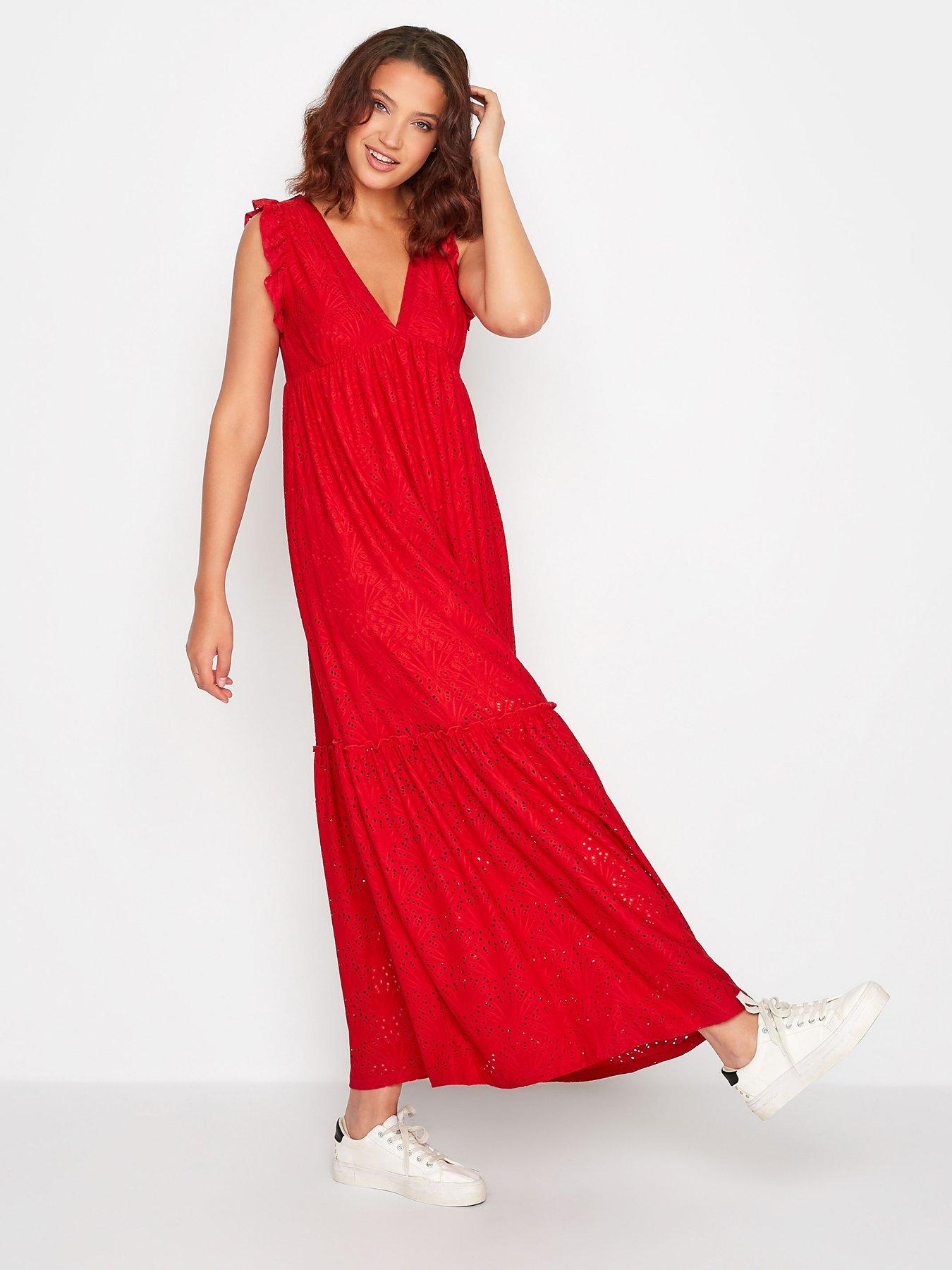 Deep V Broderie Tiered Maxi Dress Red