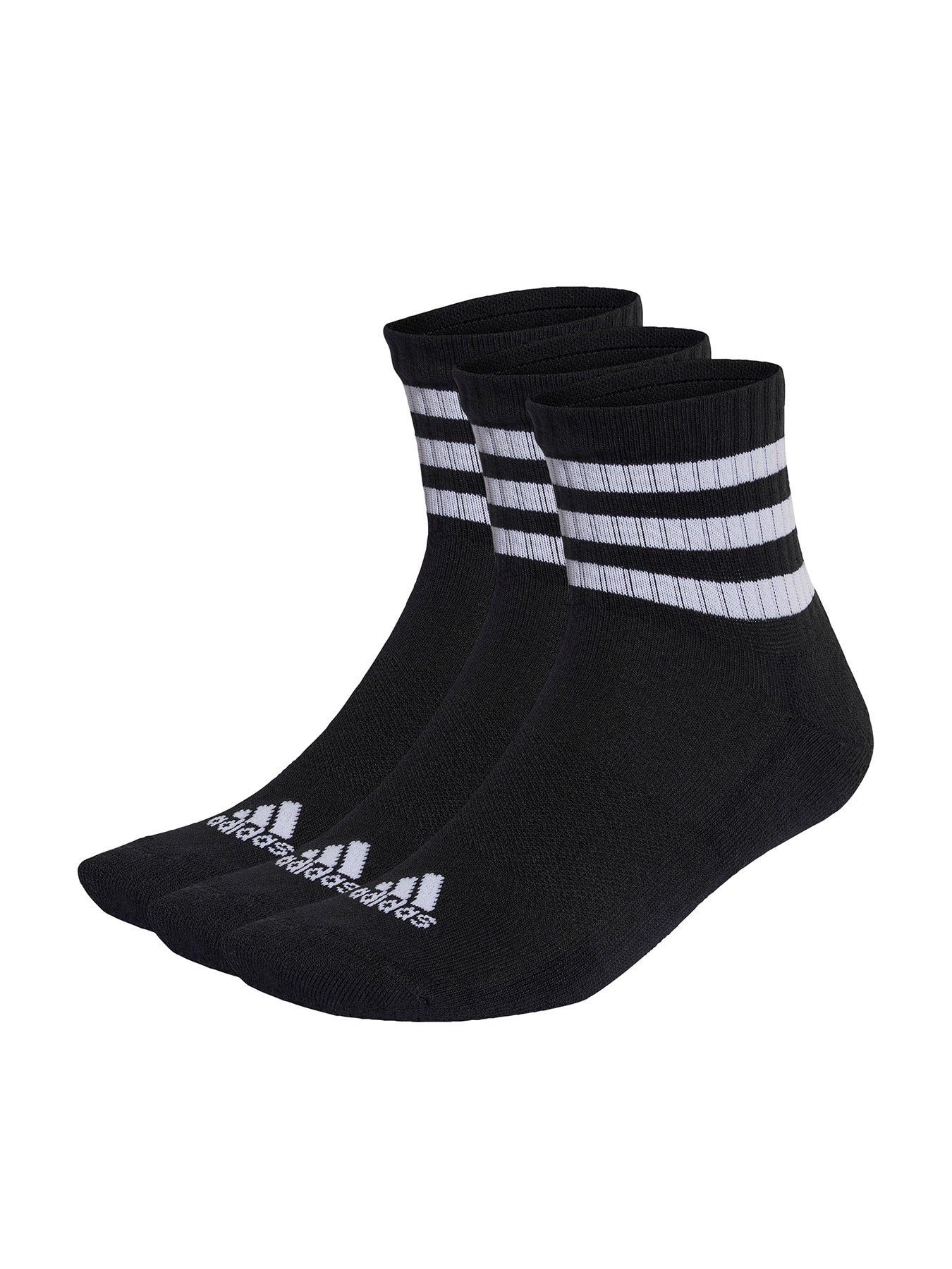 adidas Unisex 3 Pack Cushioned 3 Stripe Mid Socks - Black