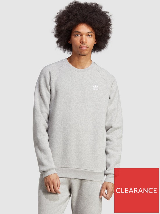 front image of adidas-originals-trefoil-essentials-crewneck-sweatshirt-medium-grey-heather