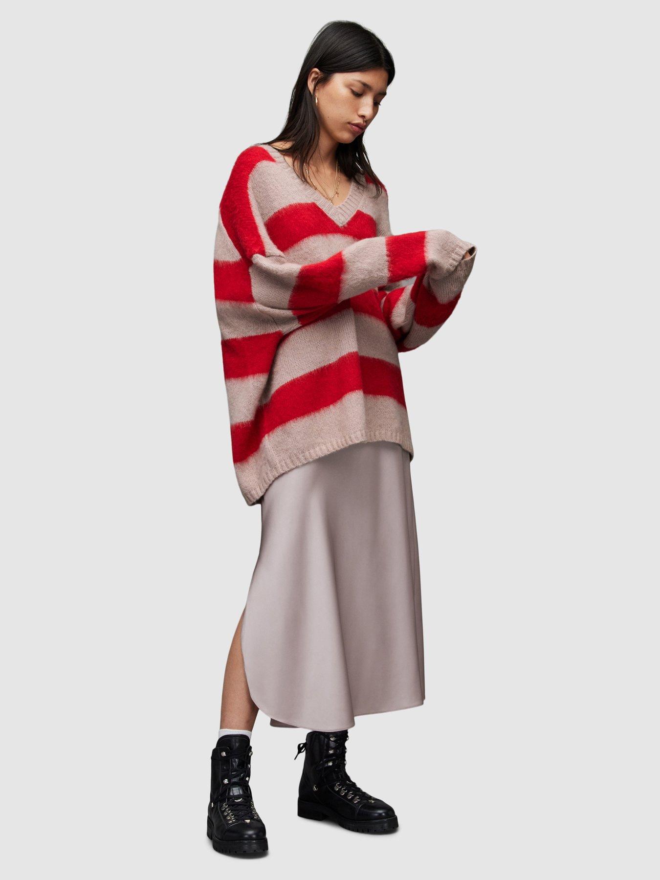 AllSaints Lou V Neck Stripe Jumper - Red/Blush | very.co.uk