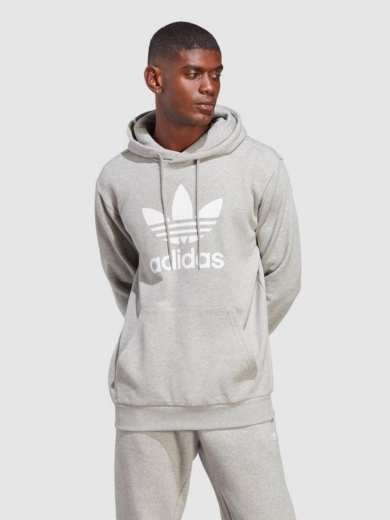 front image of adidas-originals-adicolor-classics-trefoil-hoodie-medium-grey-heather