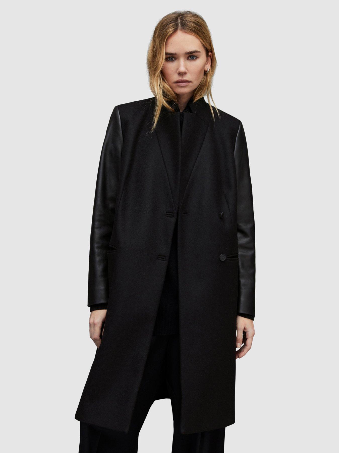 AllSaints Sidney Leather Sleeve Coat - Black | very.co.uk
