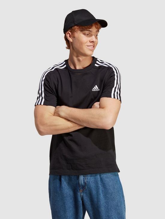 front image of adidas-sportswear-mens-essentials-3-stripe-short-sleeve-t-shirt-blackwhite