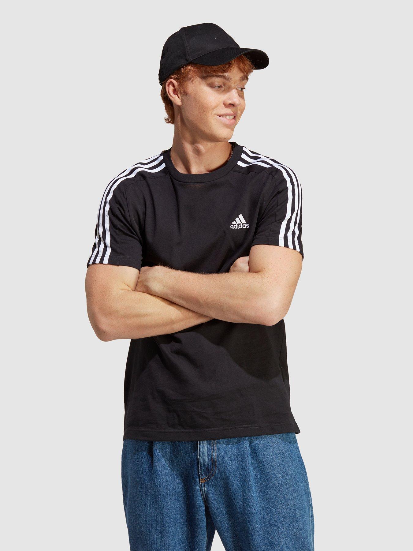 adidas Sportswear Mens Essentials 3 Stripe Short Sleeve T Shirt Black White Very