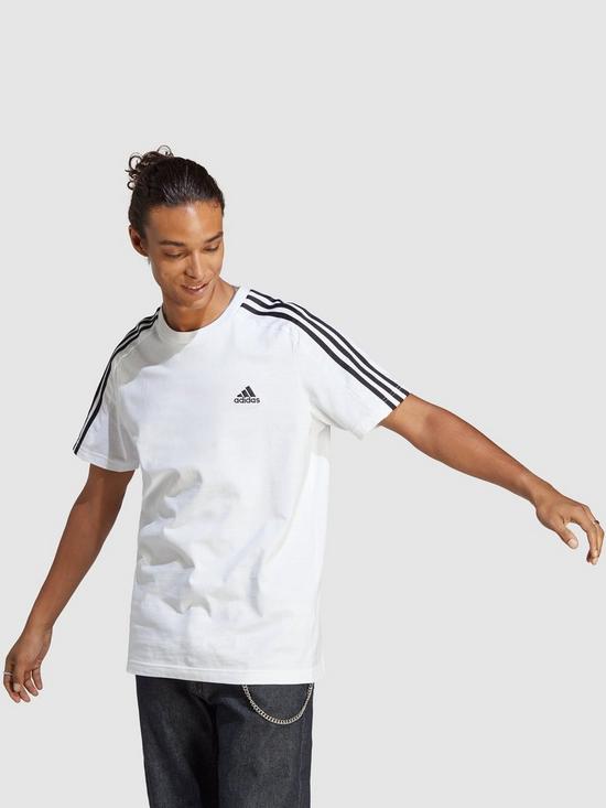 front image of adidas-sportswear-mens-essentials-3-stripe-short-sleeve-t-shirt-whiteblack