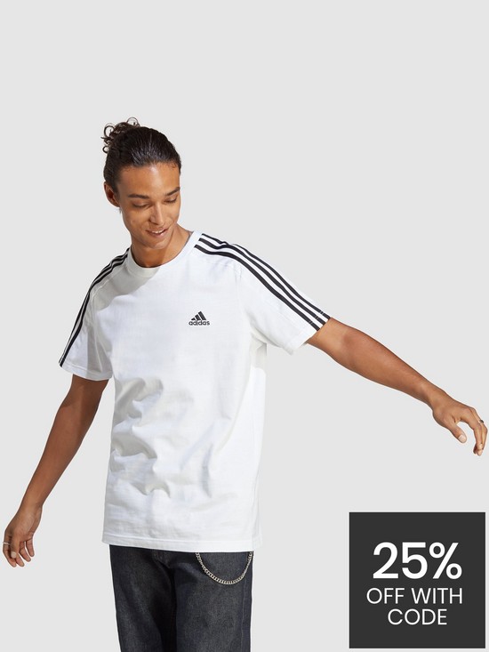 front image of adidas-sportswear-mens-essentials-3-stripe-short-sleeve-t-shirt-whiteblack