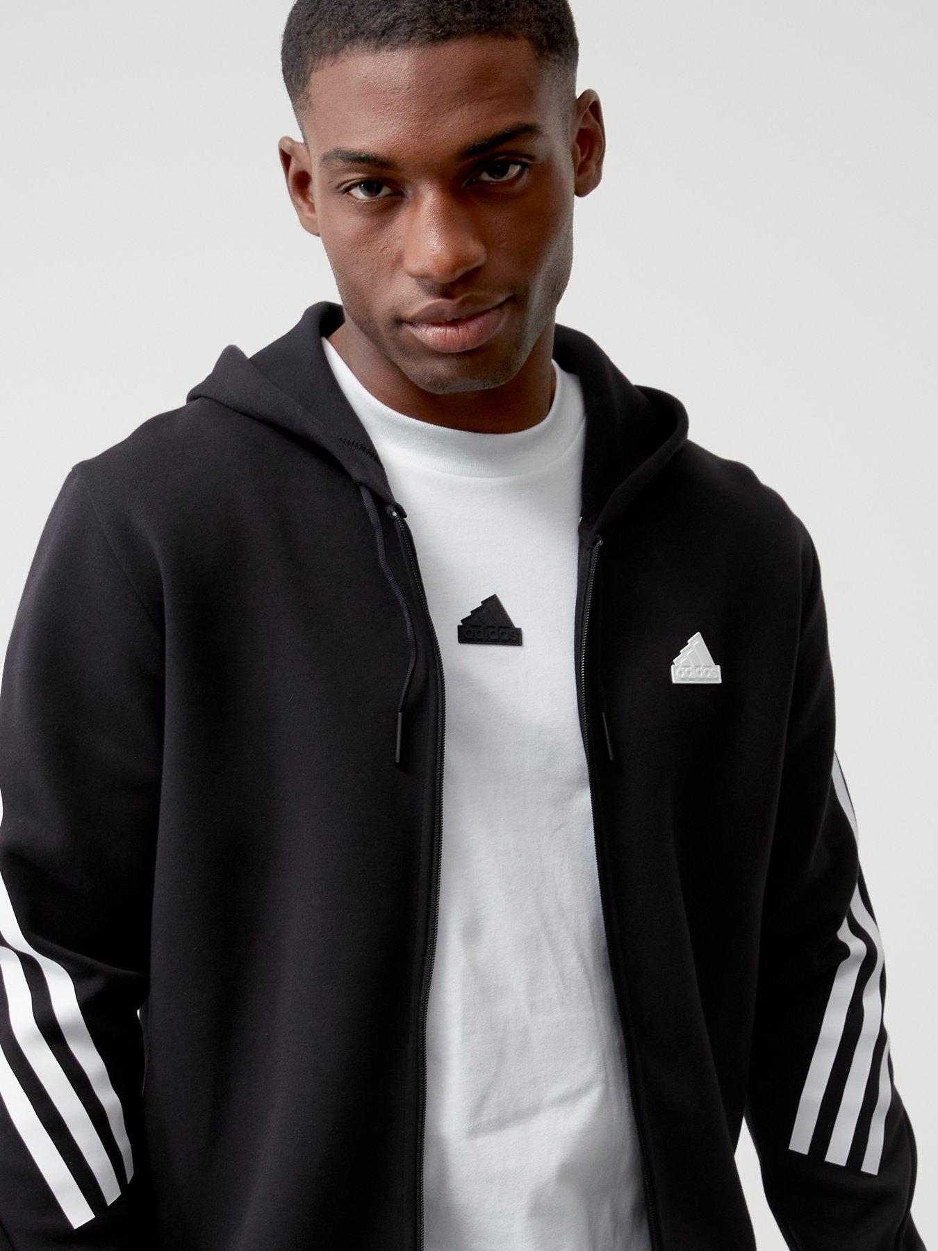 Adidas grey hoodie shop with black stripes