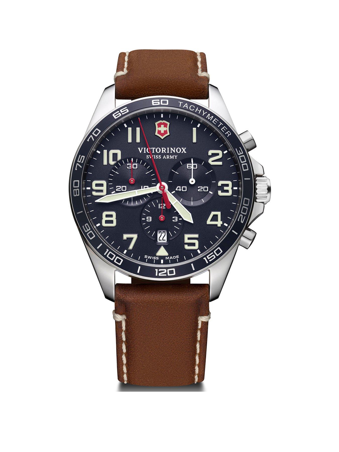Product photograph of Victorinox Fieldforce Chrono Blue Dial Brown Leather Strap Swiss Made from very.co.uk