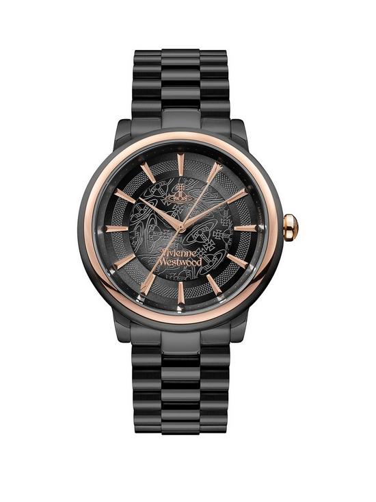 front image of vivienne-westwood-ladies-shoreditch-ladies-quartz-watch-with-black-dial-stainless-steel-bracelet-vv196gngn