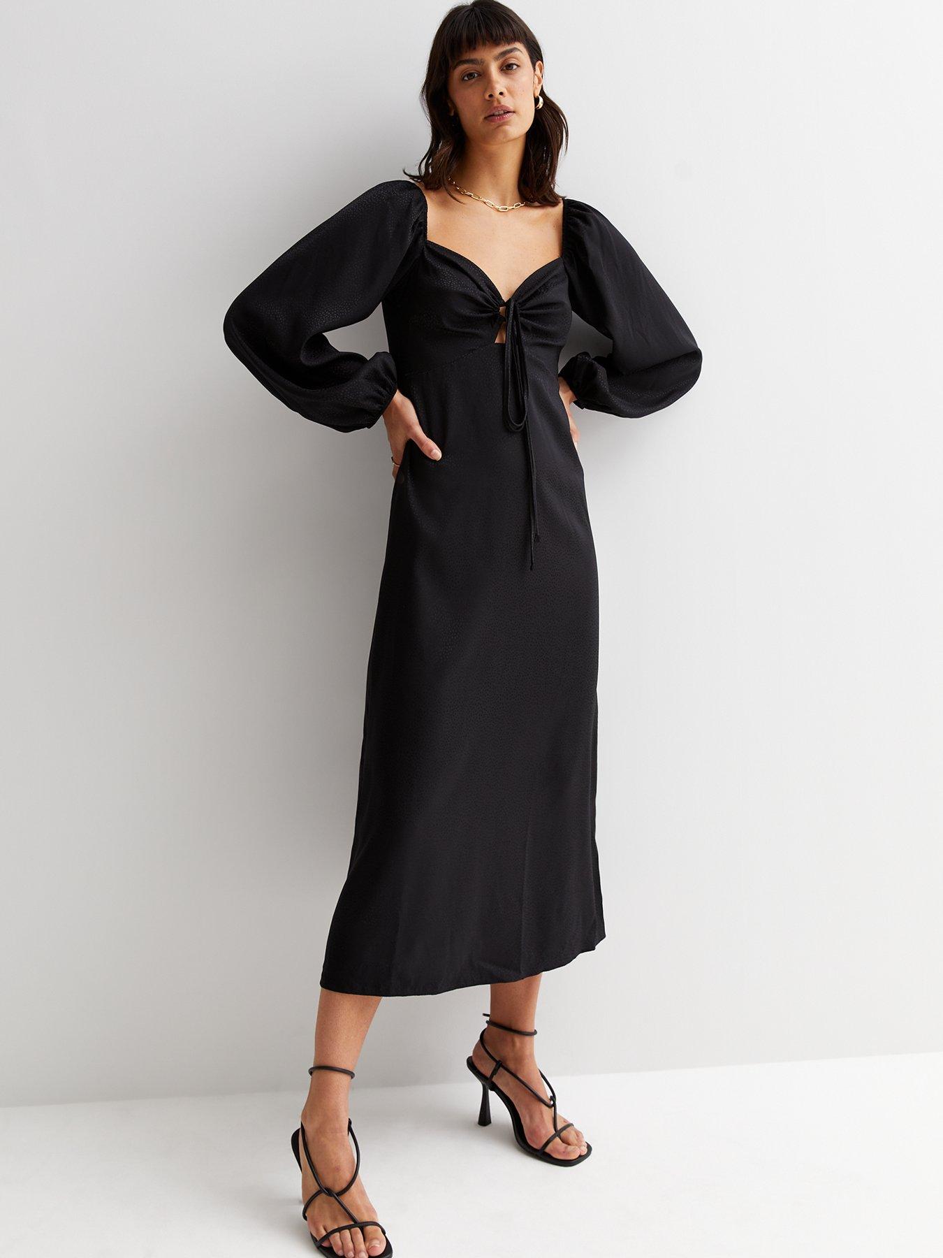New Look Spot Jacquard Satin Long Puff Sleeve Tie Front Midi Dress - Black