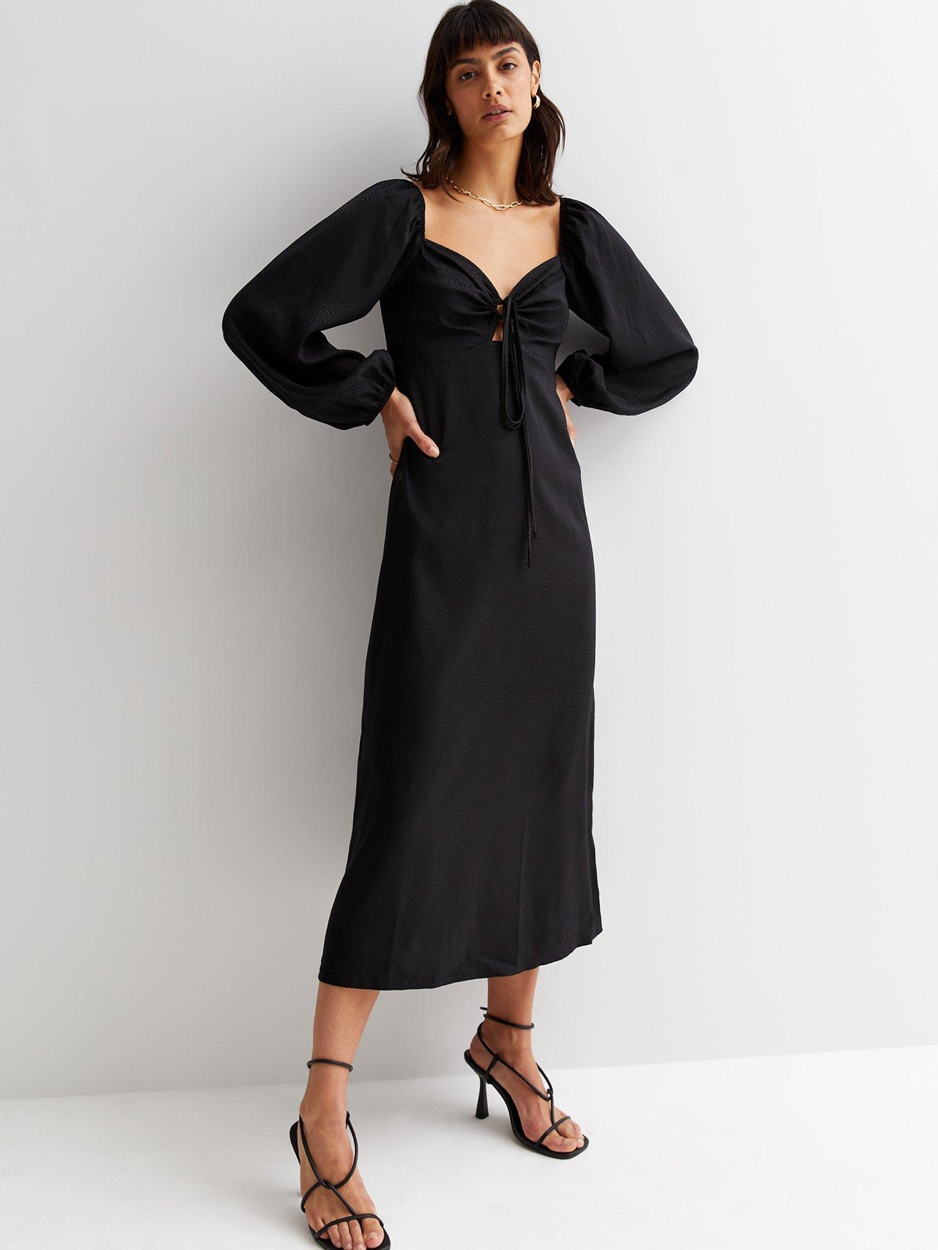 Black Floral Satin Short Puff Sleeve Midi Dress