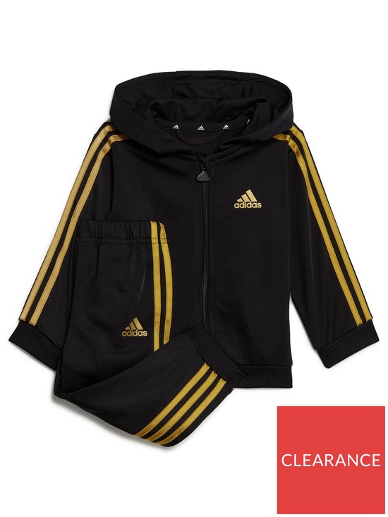 front image of adidas-sportswear-infant-3-stripes-shiny-full-zip-tracksuit-blackgold