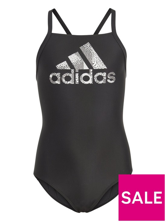 front image of adidas-girls-big-logo-swimsuit-blackwhite