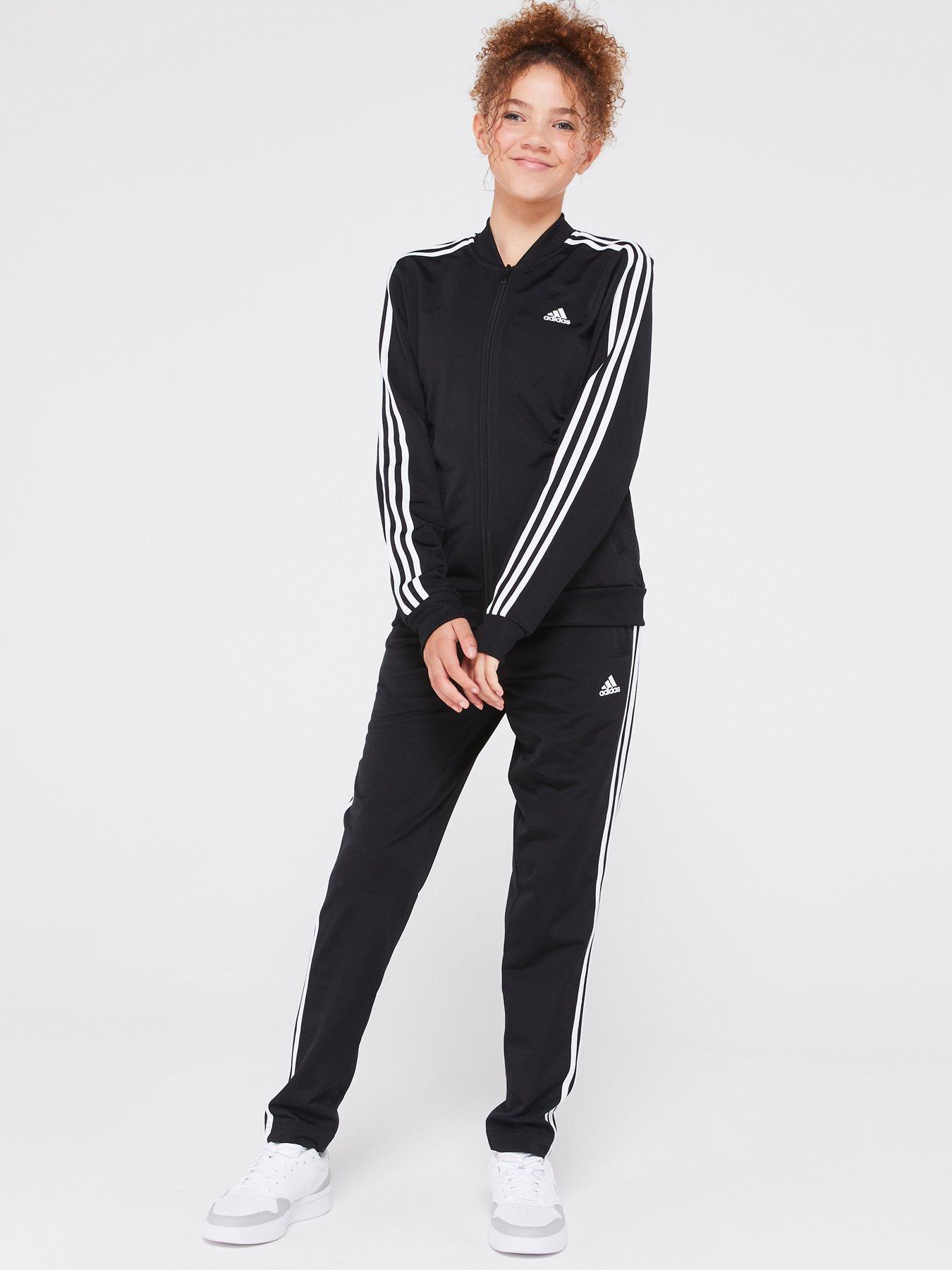 Girls adidas tracksuit black sales and white