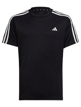 Boys, Adidas Junior Train Essentials 3 Stripe Tee - Black/White, Black/White, Size 9-10 Years