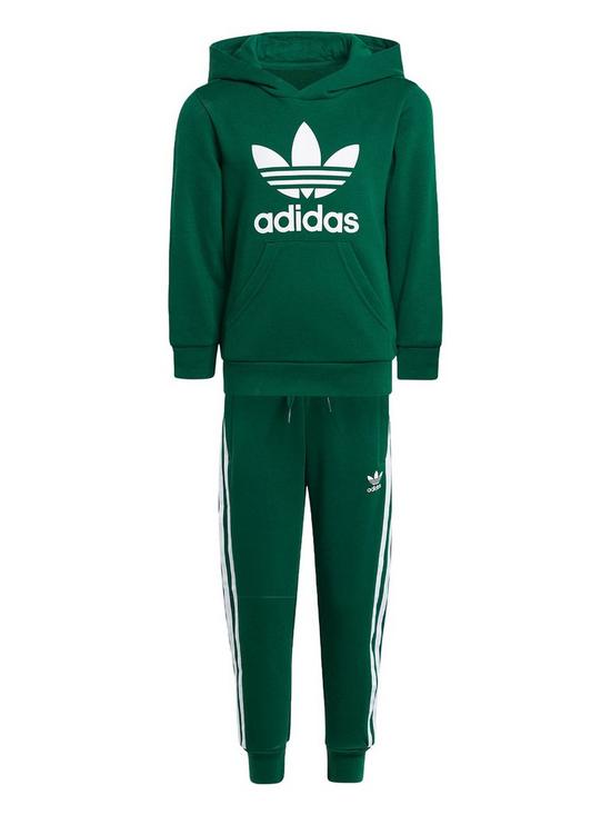 front image of adidas-originals-kids-adicolor-trefoil-hoodie-set-dark-green