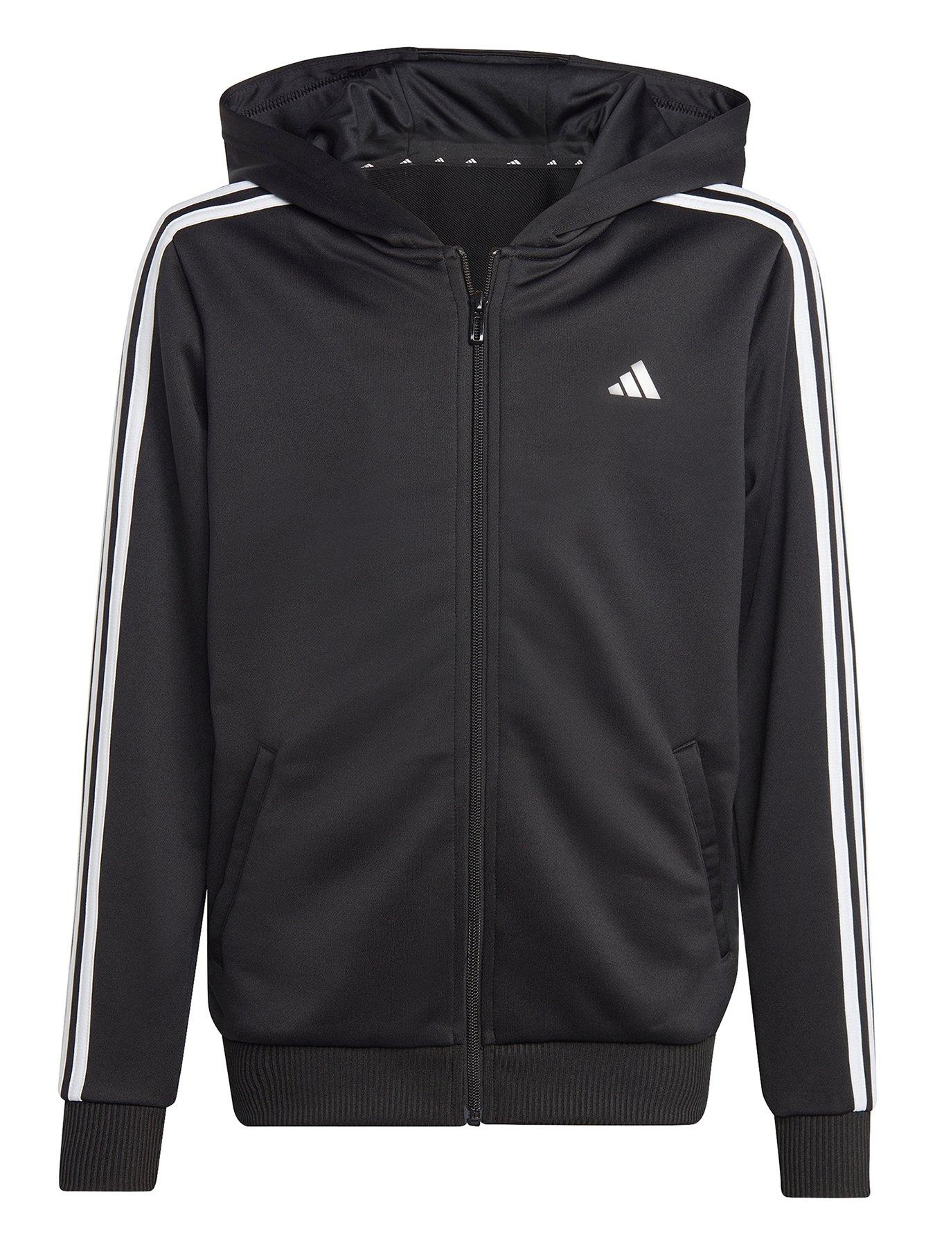 adidas Junior Train Essentials 3 Stripe Full Zip Hoodie Black White Very