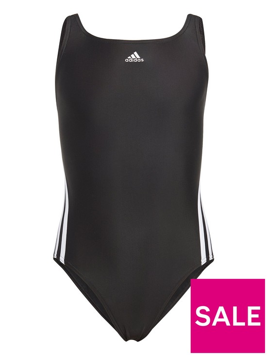 front image of adidas-girls-3-stripe-swimsuit-blackwhite