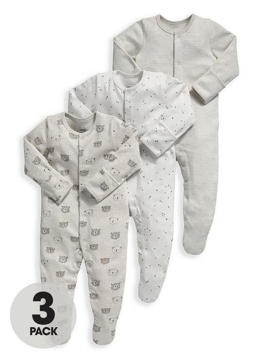 front image of mamas-papas-baby-unisex-3-pack-bear-sleepsuits-sand