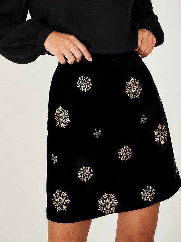 Monsoon Lynne Embroidered Velvet Skirt - Black 