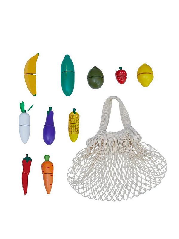 Image 1 of 6 of Teamson Kids Little Chef Frankfurt Wooden Cutting food play kitchen accessories with filet net bag - Green