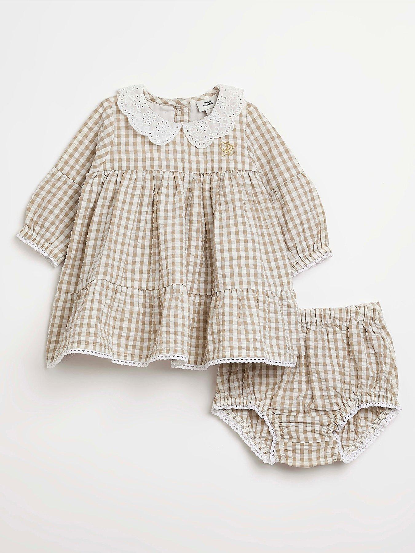 River Island Baby Baby Girls Gingham Smock Dress and Knicker setBeige