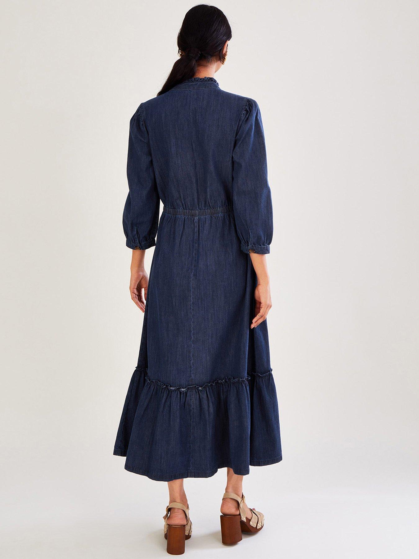 Denim Pintuck Tiered Midaxi Dress