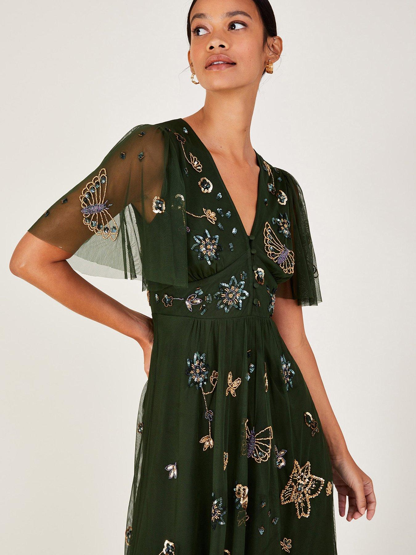 Kylie Khaki Emb Midi Tea Dress Green
