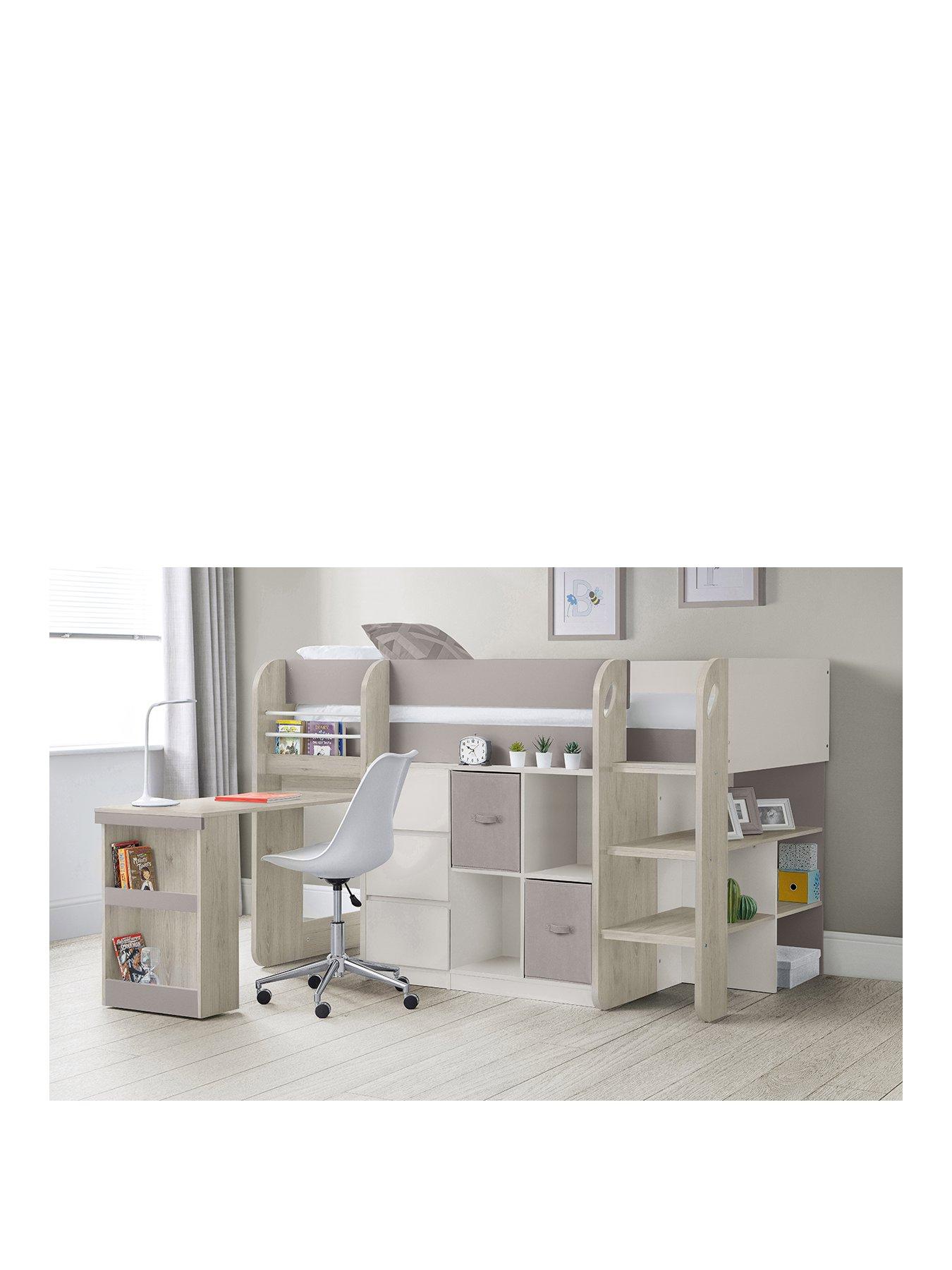 undefined Saturn Midsleeper Bed with Desk, Bookcases and 3 Drawer Chest - Taupe