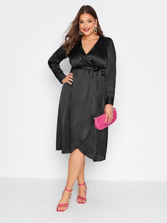 front image of yours-satin-wrap-dress-black