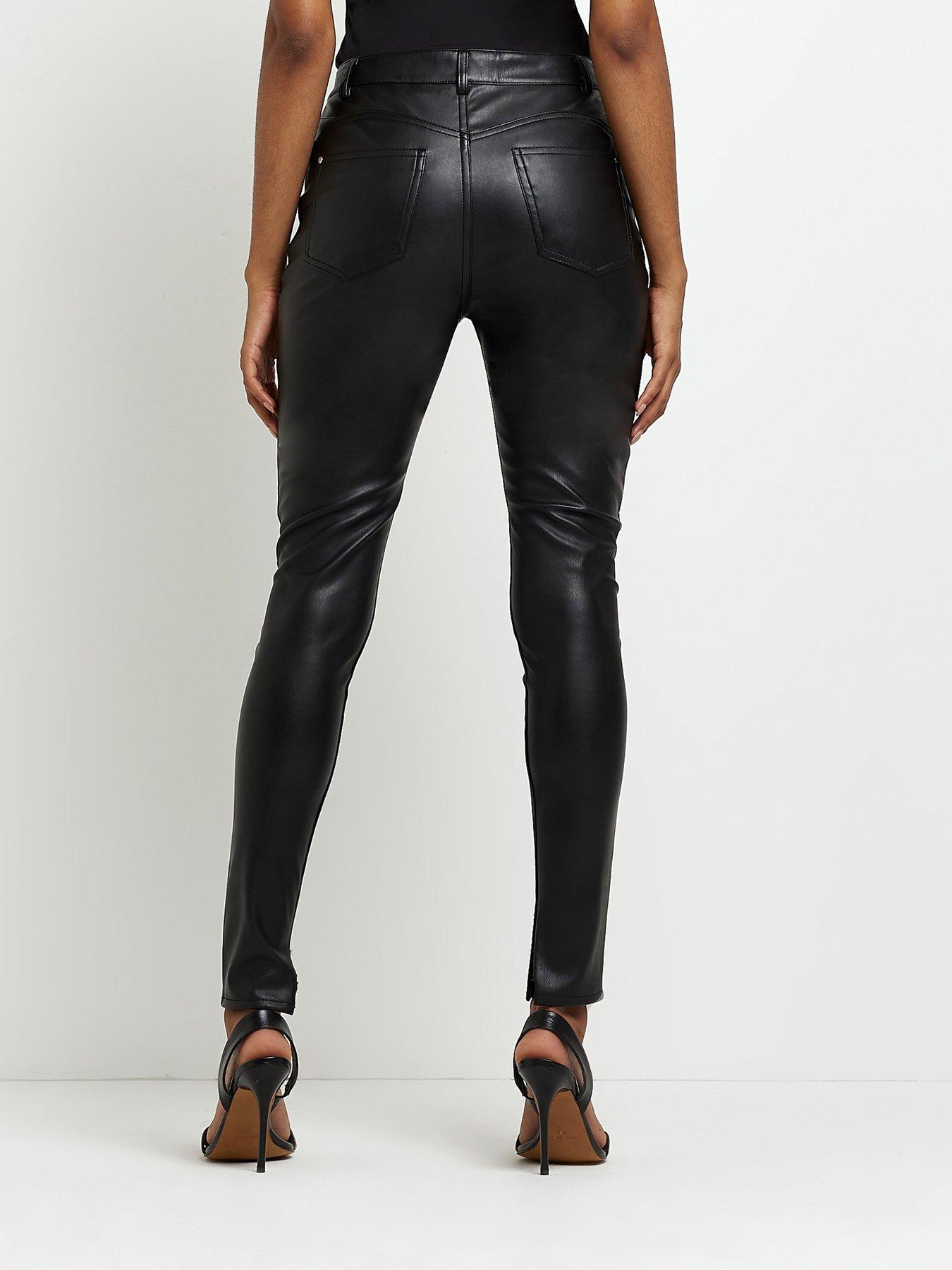 Vila Petite leather look high waisted skinny trousers in black