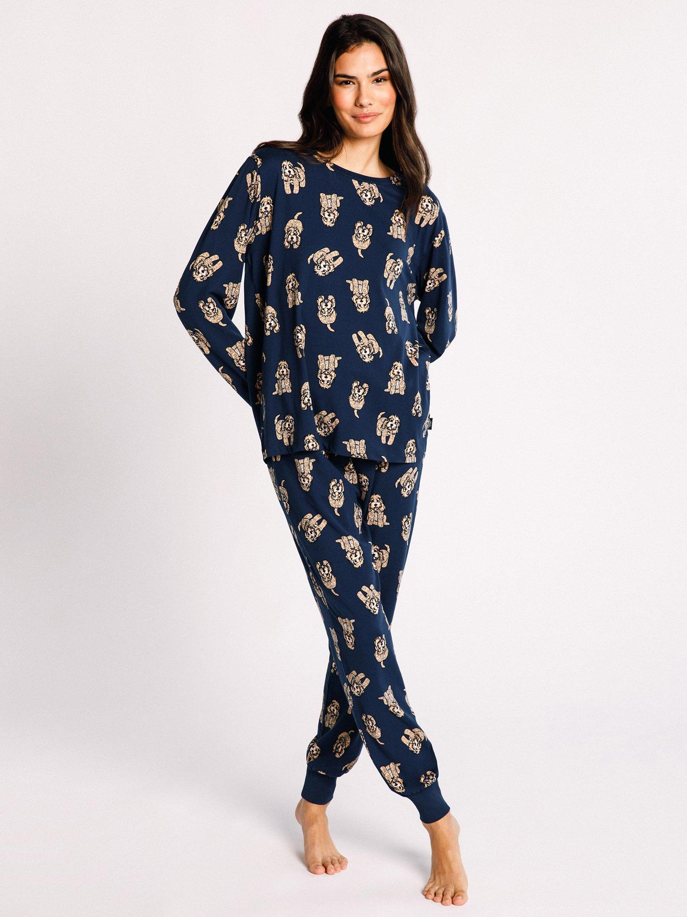 CHELSEA PEERS Long Crew Cockapoo Printed Pyjama Set - Navy