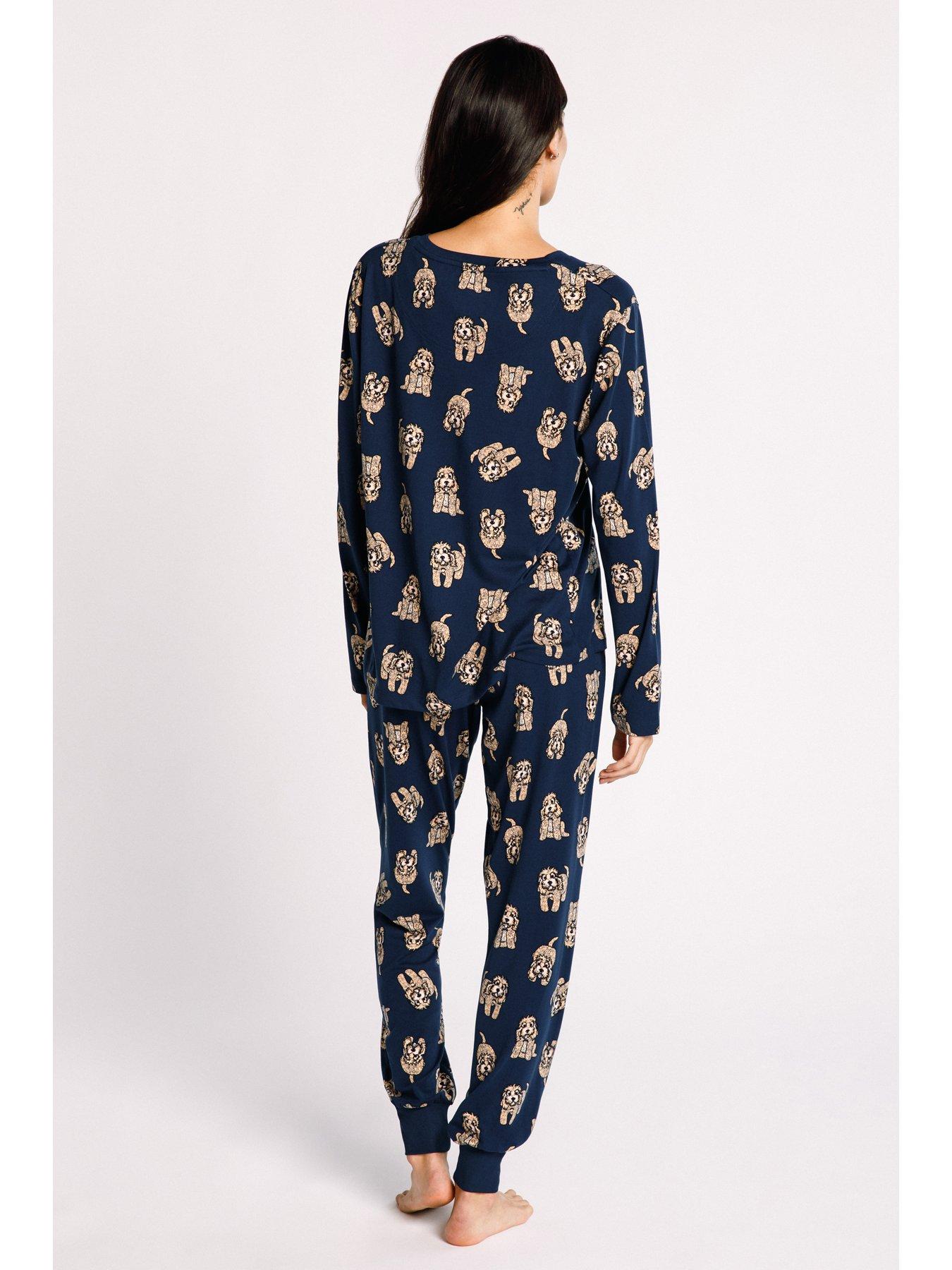 CHELSEA PEERS Long Crew Cockapoo Printed Pyjama Set Navy very