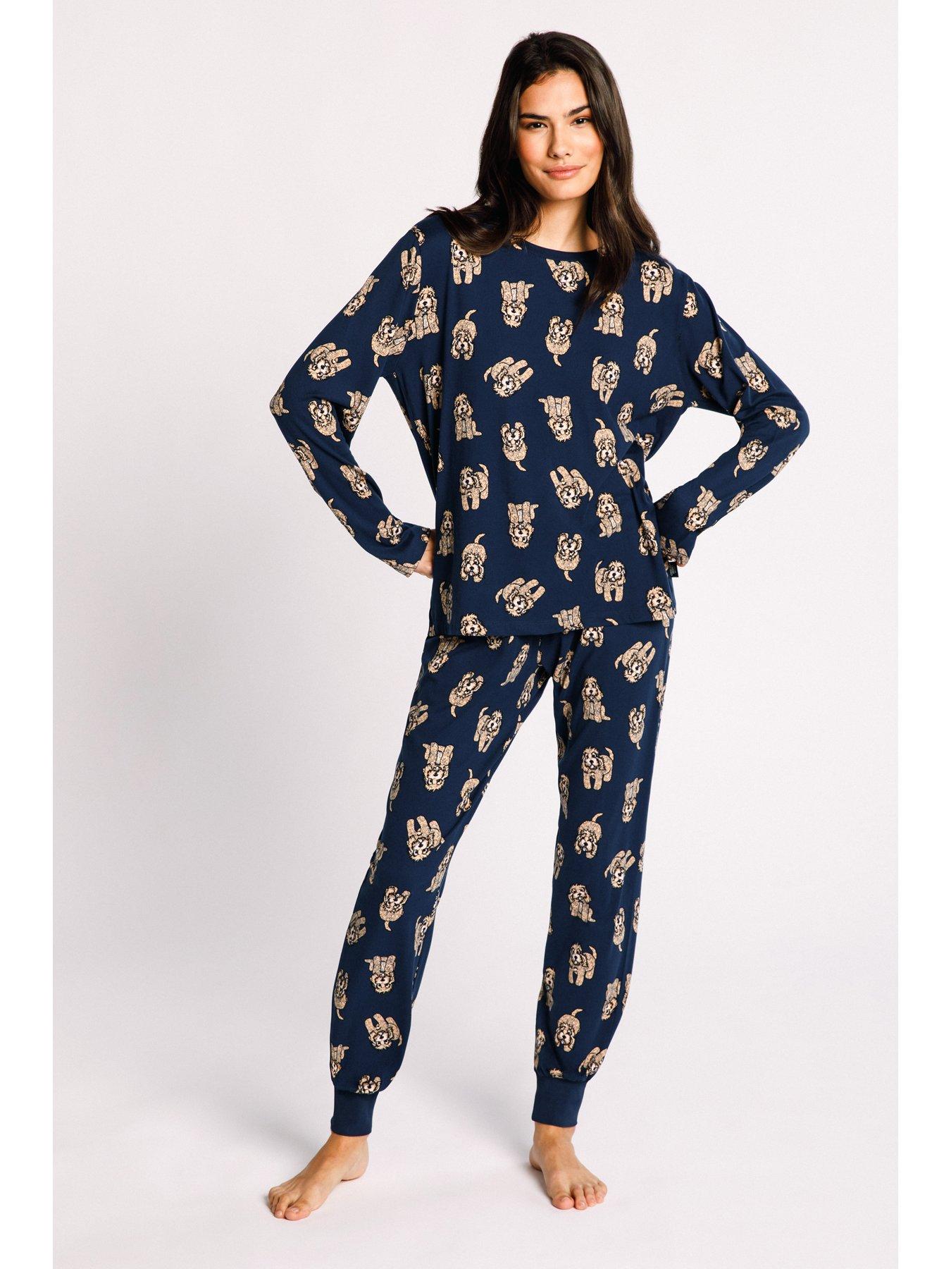 CHELSEA PEERS Long Crew Cockapoo Printed Pyjama Set - Navy