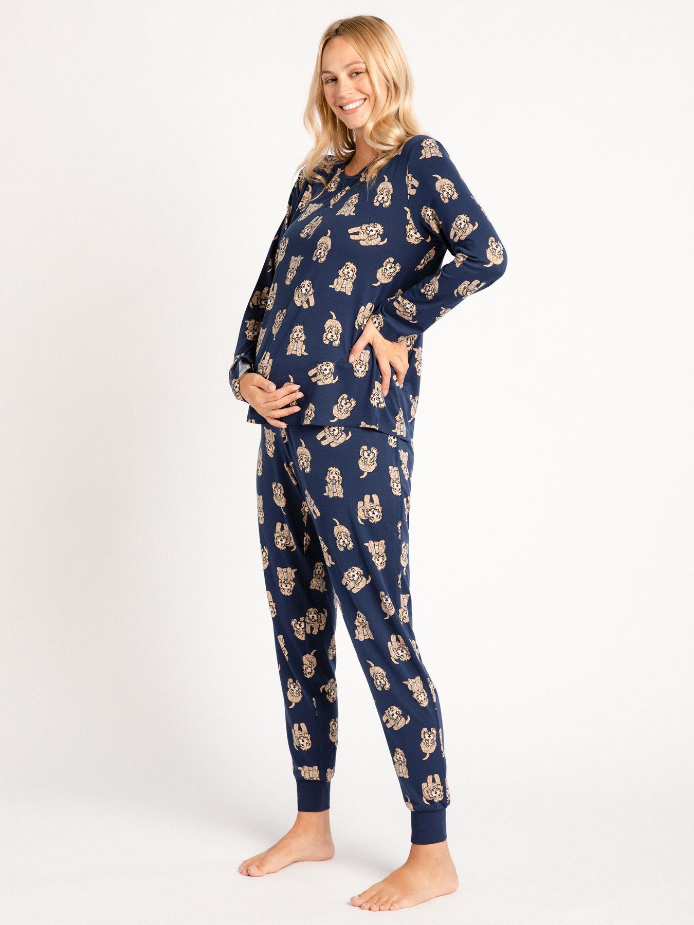 Image 1 of 5 of CHELSEA PEERS Maternity Long Crew Navy Cockapoo Printed Set - Navy