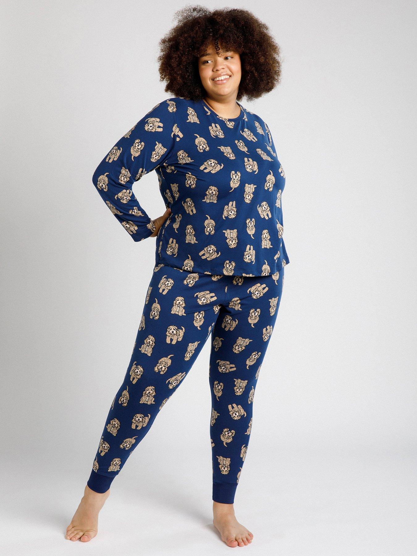 CHELSEA PEERS: Curve Long Crew Cockapoo Printed Set - Navy