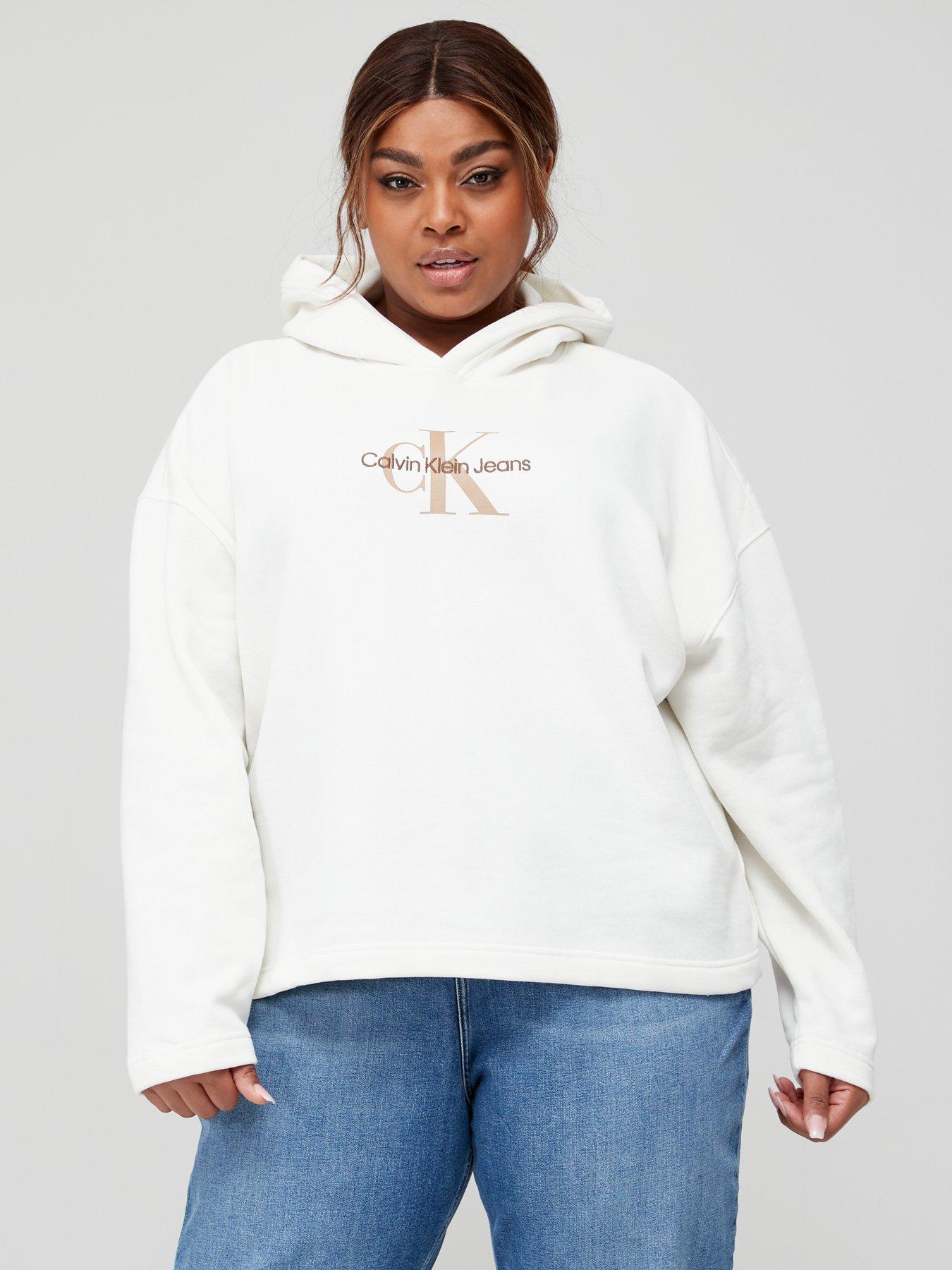 Calvin Klein Jeans Curve Monogram Logo Hoodie - Ivory | very.co.uk