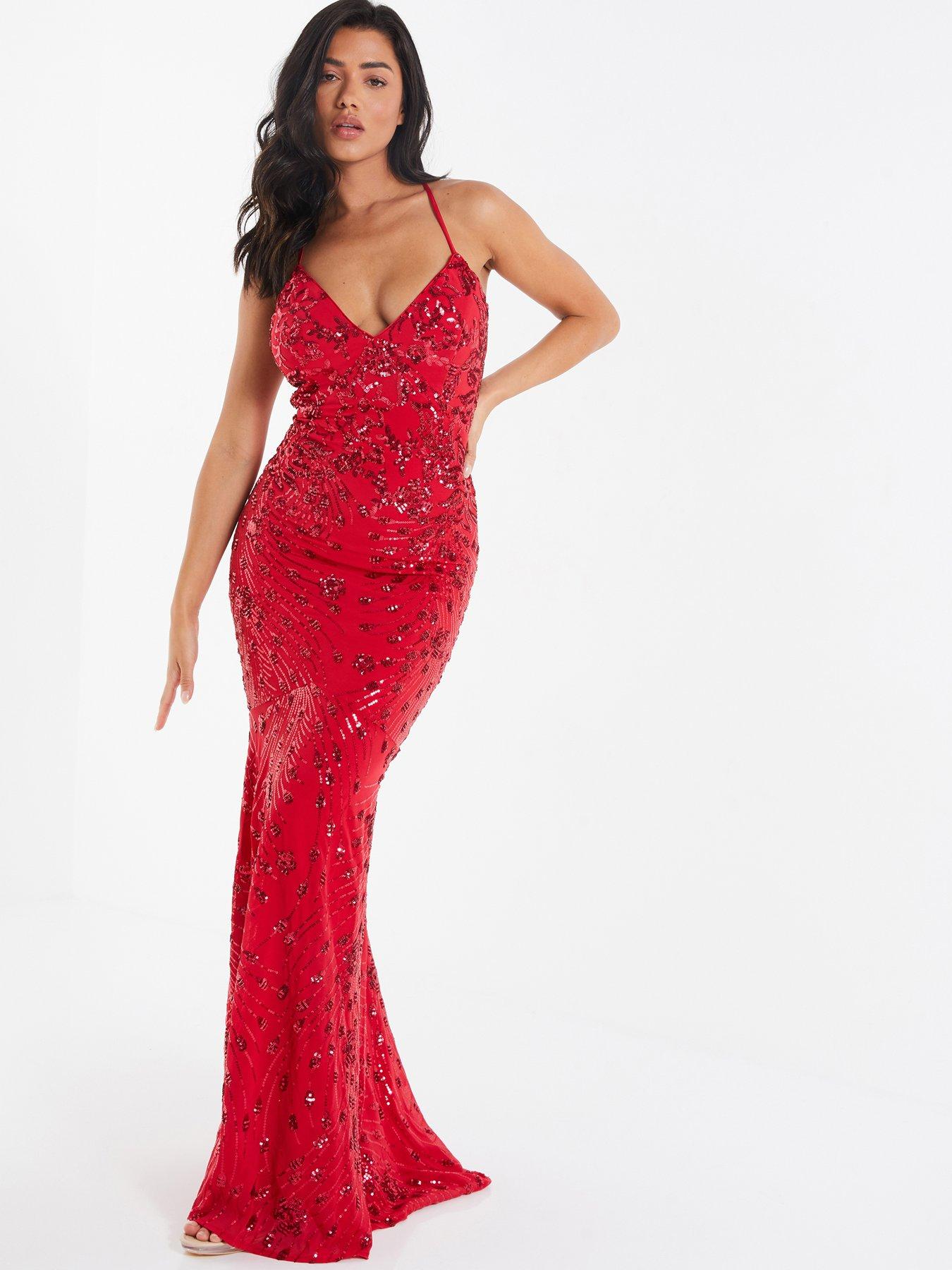 Sequin cross back store fishtail maxi dress