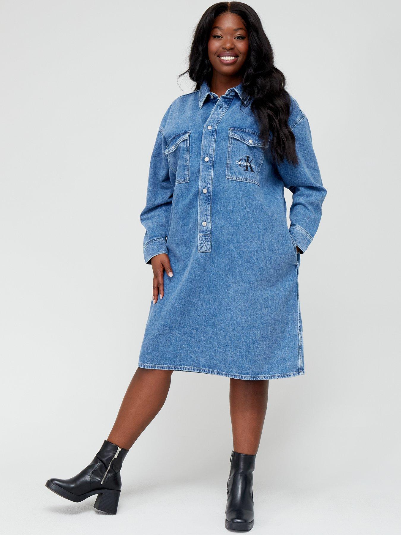 Calvin Klein Jeans Curve Utility Pop-Over Denim Shirt Dress - Blue |  